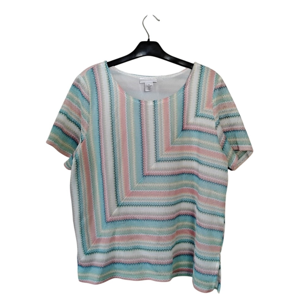 Alfred Dunner Pastel Striped Knit Top XL Short Sleeve Scoop Neck Chevron Mesh